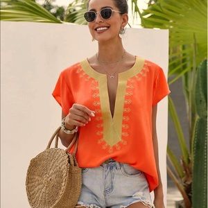NEONORANGE EMBROIDERY PLUNGING NOTCHED NECK BLOUSE